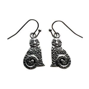 Quirky Cat Dangle Earrings Double Sided Shiny Antique Silver Tone NWOT